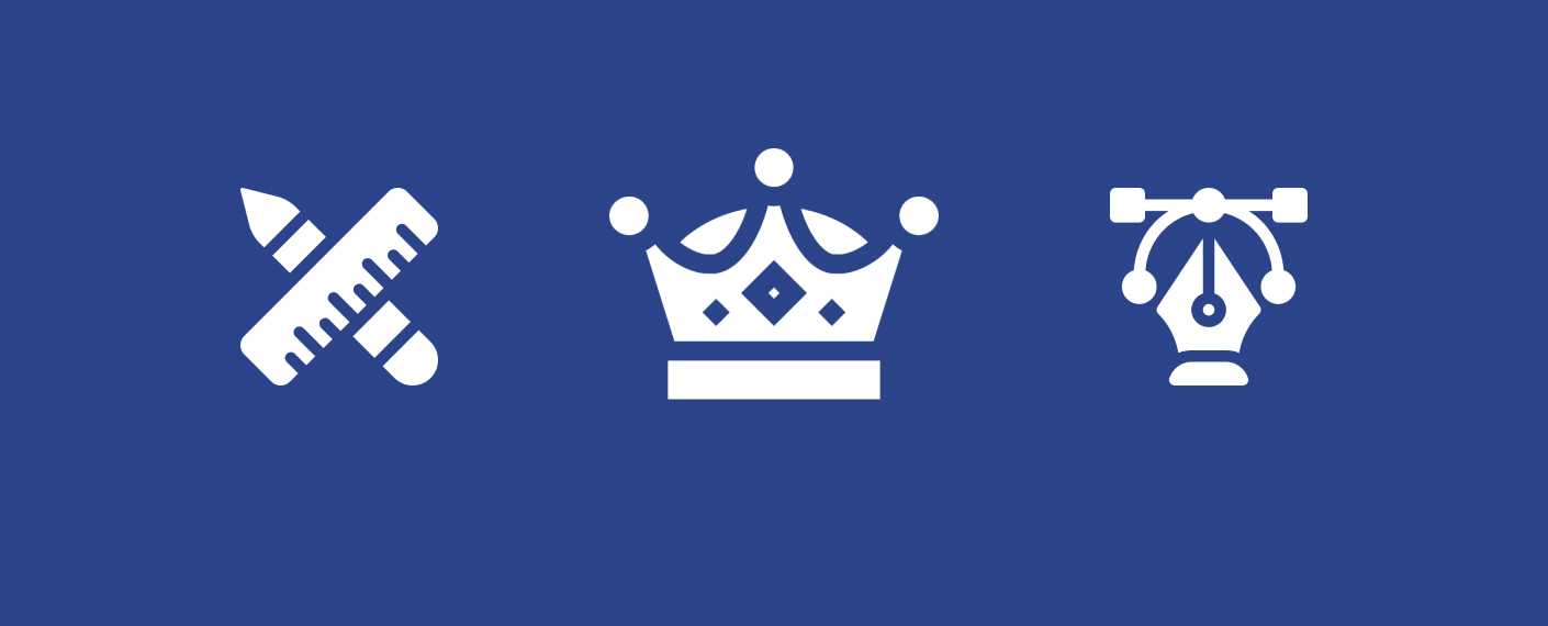 Imagem com fundo azul escuro, com três ícones: um lápis e uma régua, uma coroa e uma caneta com ponto de ancoragem usada em programas de edição, representando os design principles