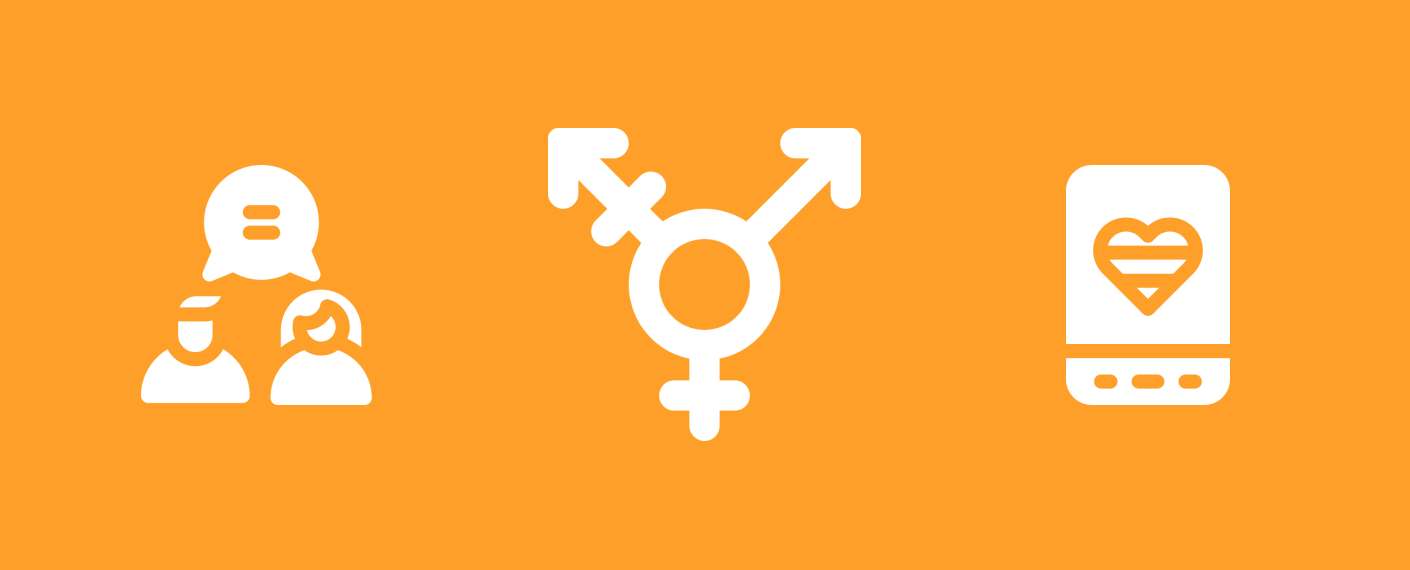 Imagem com fundo laranja e ícones representando a linguagem inclusiva. O ícone central representa a população transexual.