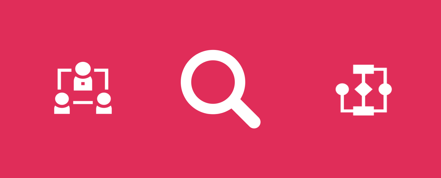 Imagem com fundo rosa com ícone de lupa representando o trabalho de ResearchOps