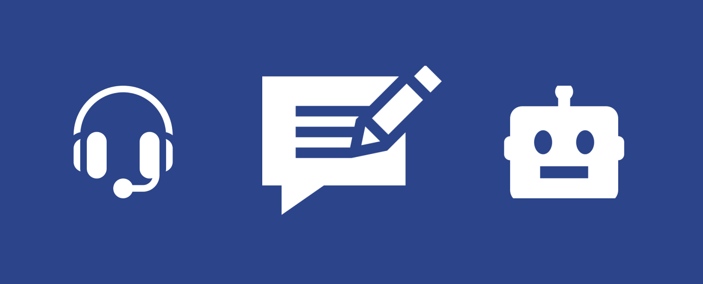 Imagem com fundo azul, com ícones representando o UX Writing no atendimento ao cliente.