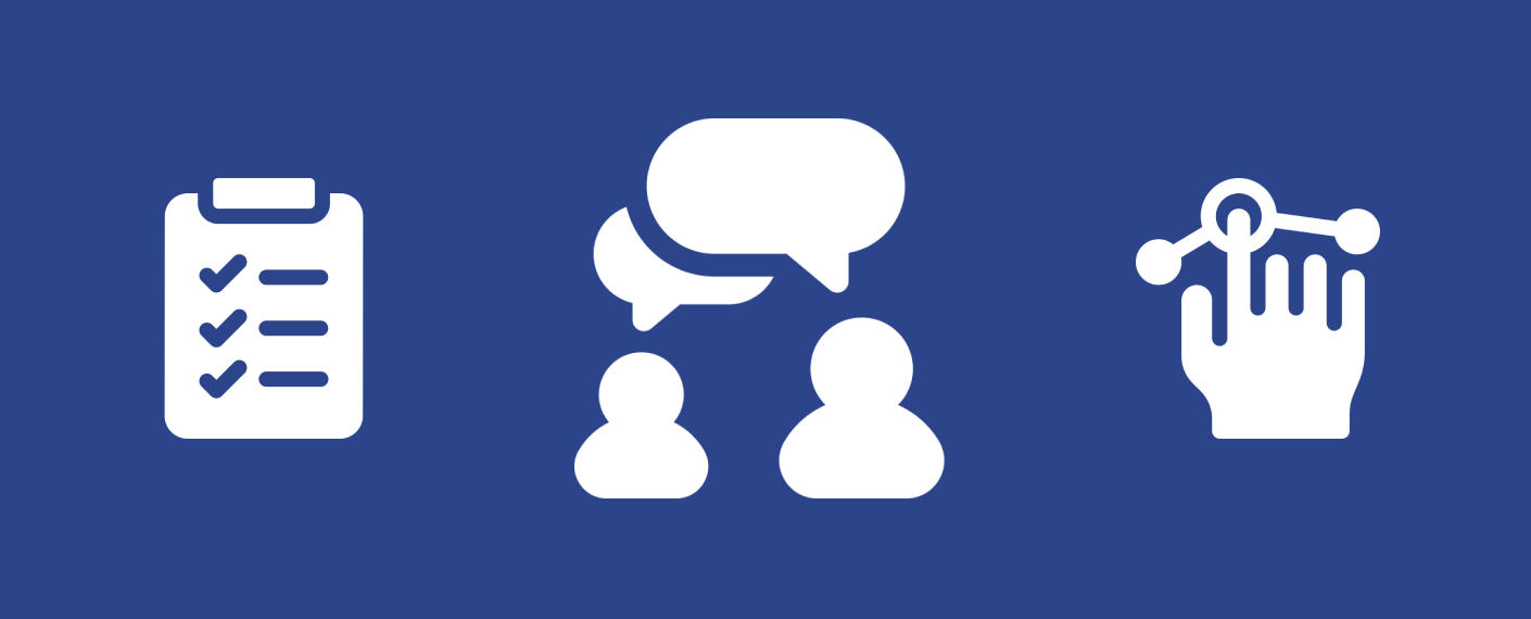Imagem com fundo azul marinho com ícones de pessoas conversando, mão e prancheta representando o teste de usabilidade.