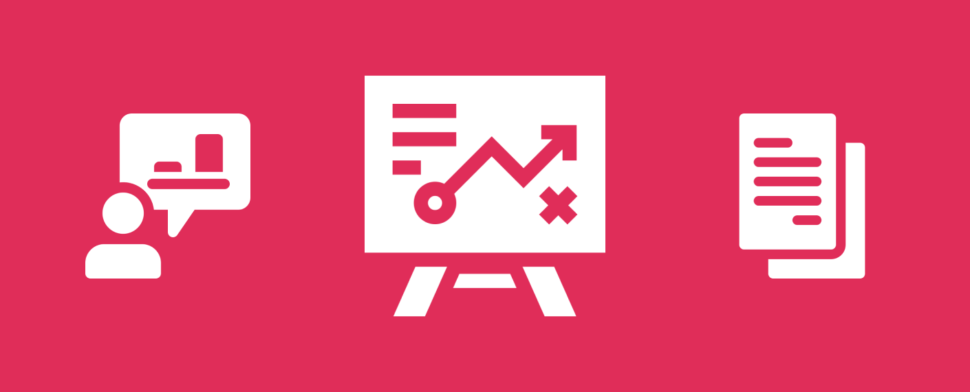 Imagem com fundo rosa e ícones de apresentações representando o relatório de teste de usabilidade.
